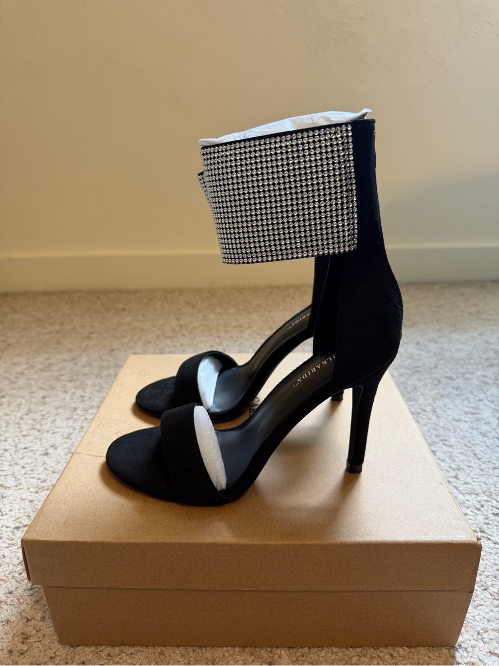 CARLKARIDA Black Suede Cuff Stiletto Heels Size 7 NIB